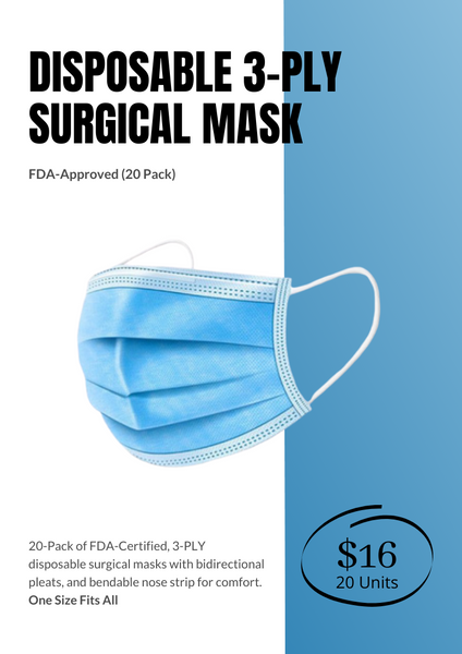 Disposable 3-Ply Surgical Mask FDA-Approved (20 Pack)